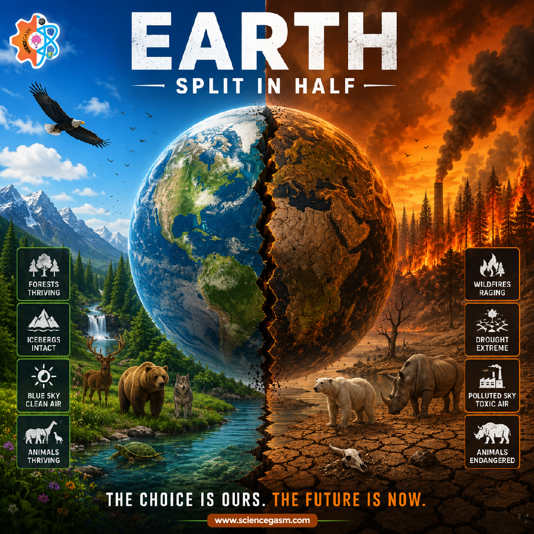 Earth split into two halves showing climate change contrast with thriving nature on one side and wildfires drought pollution on the other environmental awareness concept
