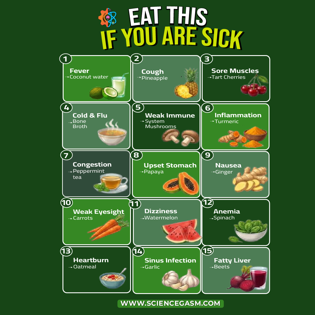 Nutrition infographic titled Eat This If You Are Sick listing 15 common symptoms and matching natural foods, such as bone broth for cold and flu, ginger for nausea, and peppermint tea for congestion.
