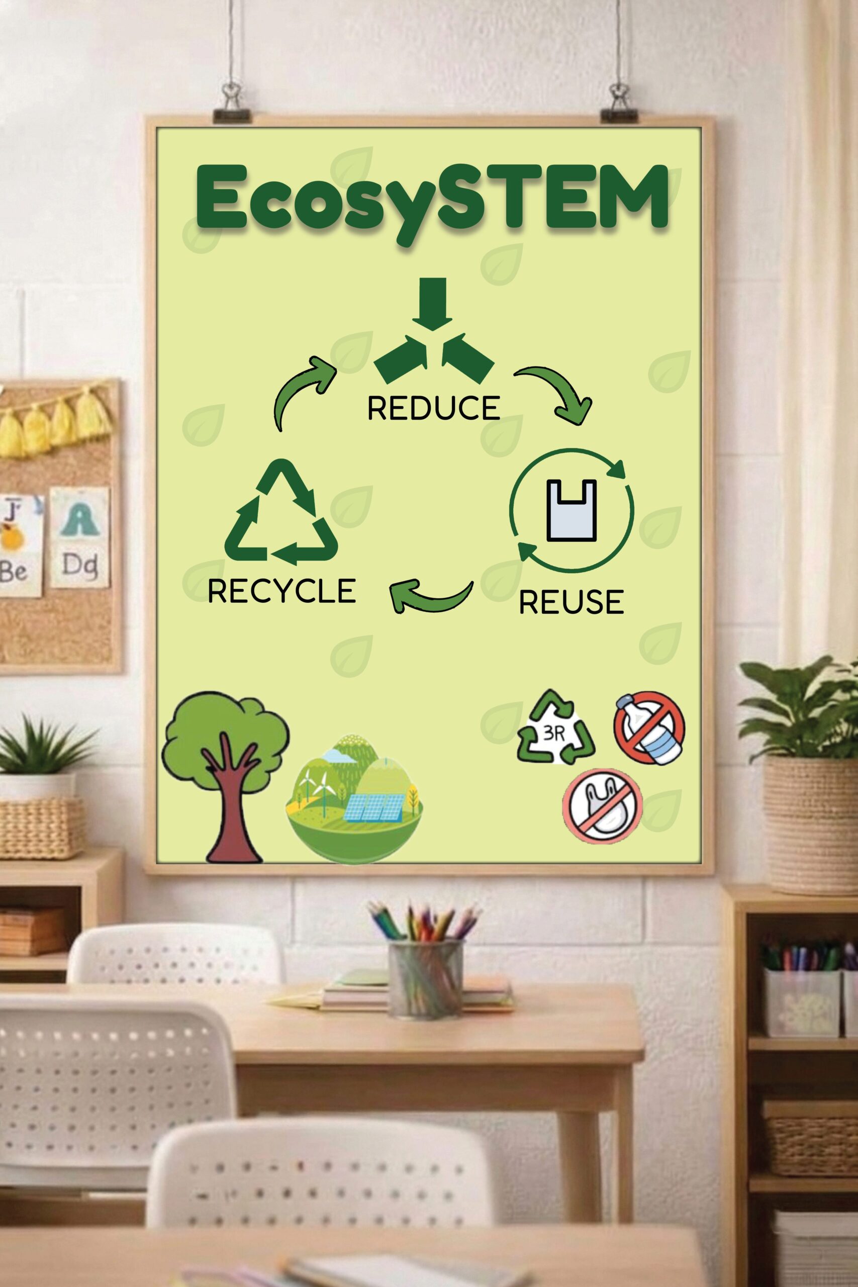 An environmental science poster titled EcosySTEM displaying the three Rs of recycling in a bright elementary classroom setting.