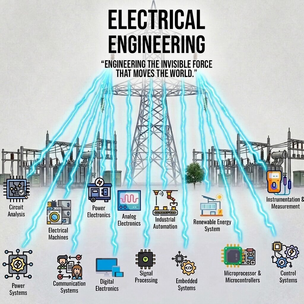 Electrical engineering infographic showing power systems electronics signal processing control systems renewable energy and industrial automation with transmission tower