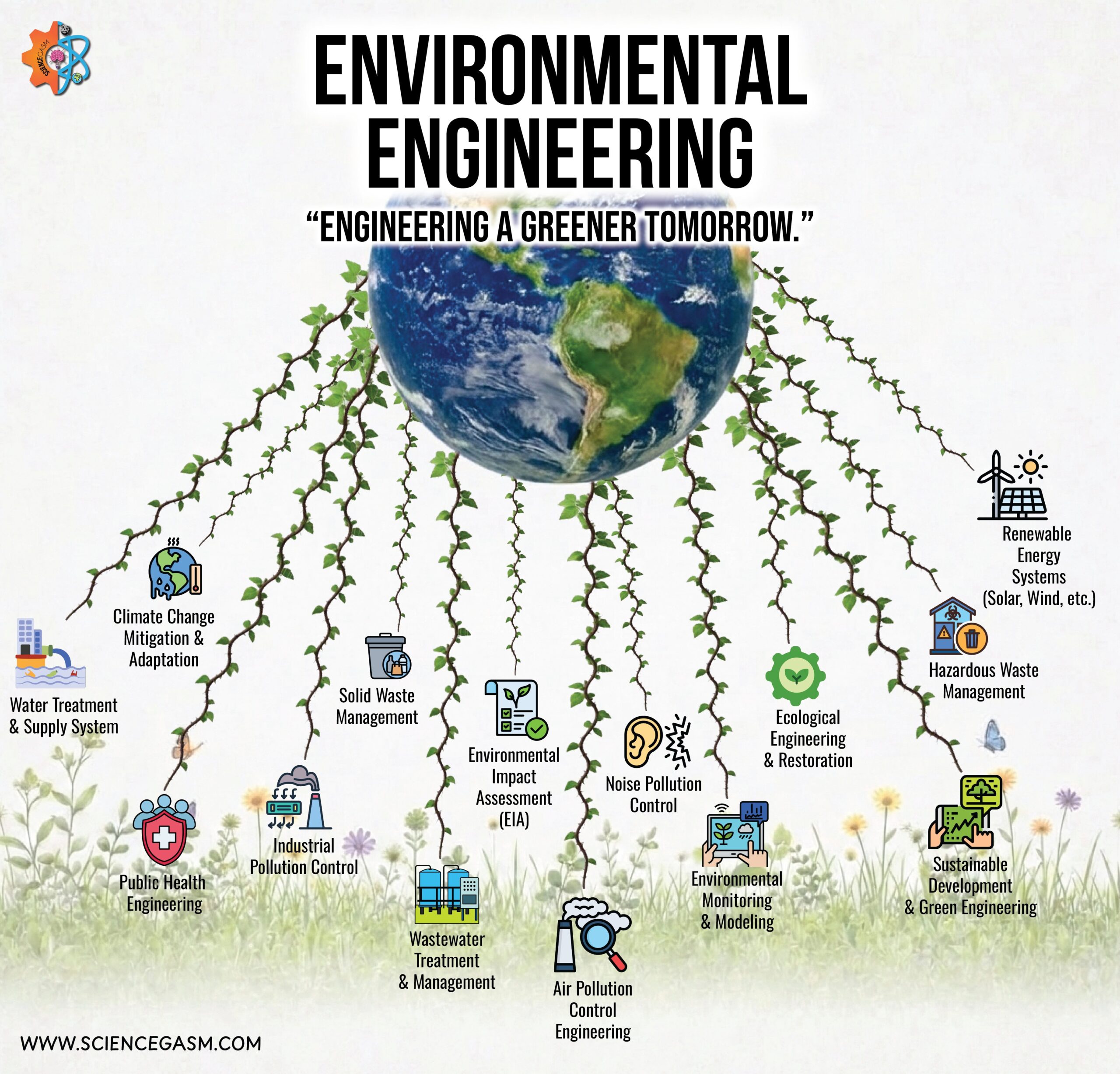 An educational environmental science infographic titled Environmental Engineering Engineering a Greener Tomorrow, featuring branching vine graphics connecting core branches like solid waste management, renewable energy, and industrial pollution control.