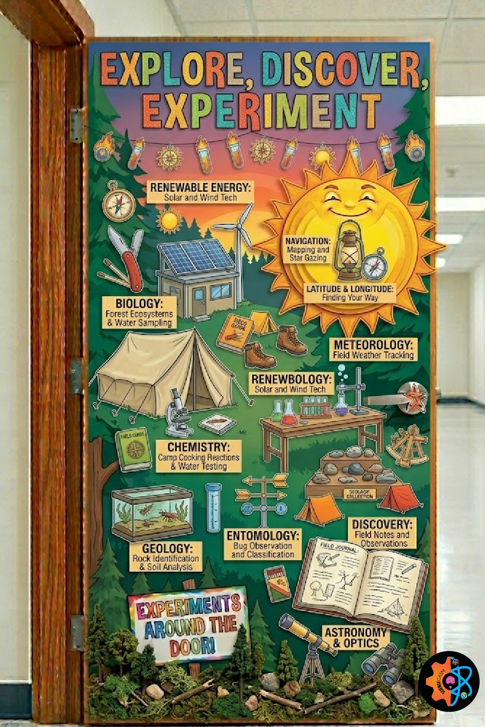 Camping themed classroom door decoration with a forest campsite layout detailing outdoor science concepts like geology, astronomy, and renewable energy.