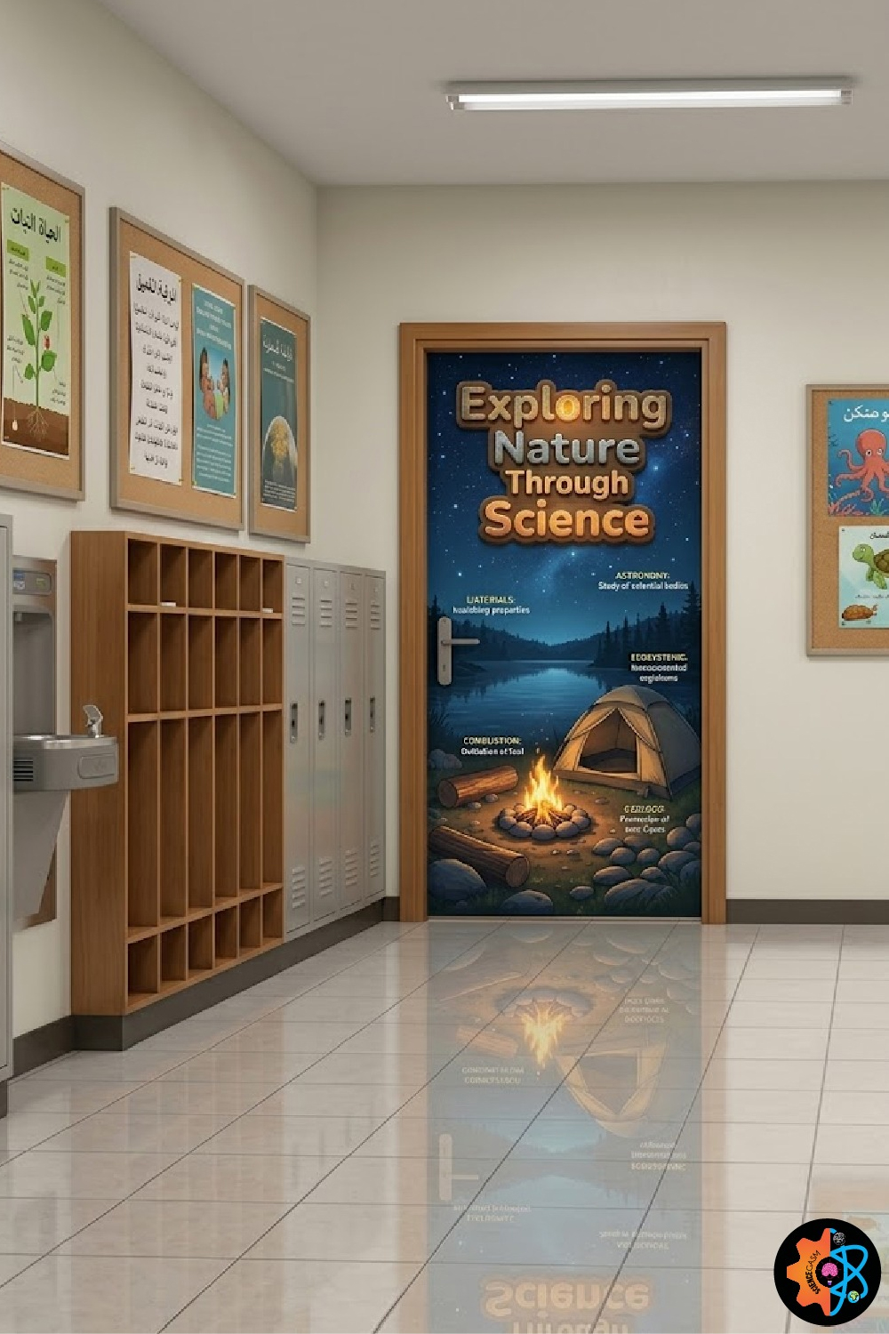 Camping themed science classroom door decoration titled Exploring Nature Through Science with a starry night forest campsite, glowing campfire, and canvas tent.