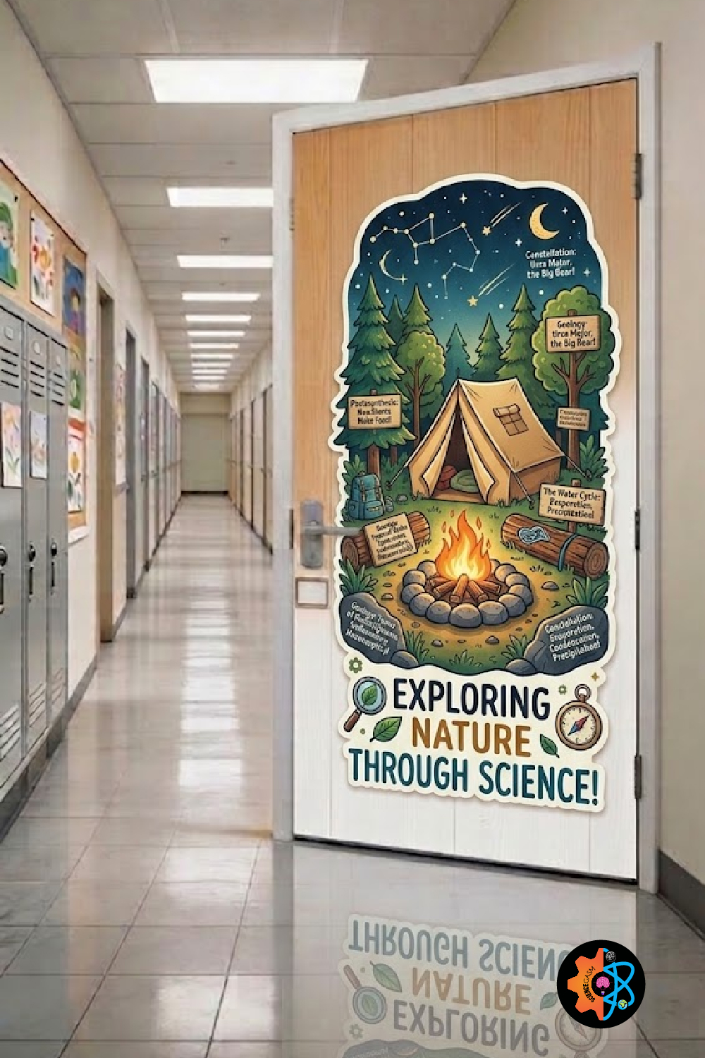 Camping themed classroom door decoration displaying a night sky constellation, forest campsite, campfire, and science facts.