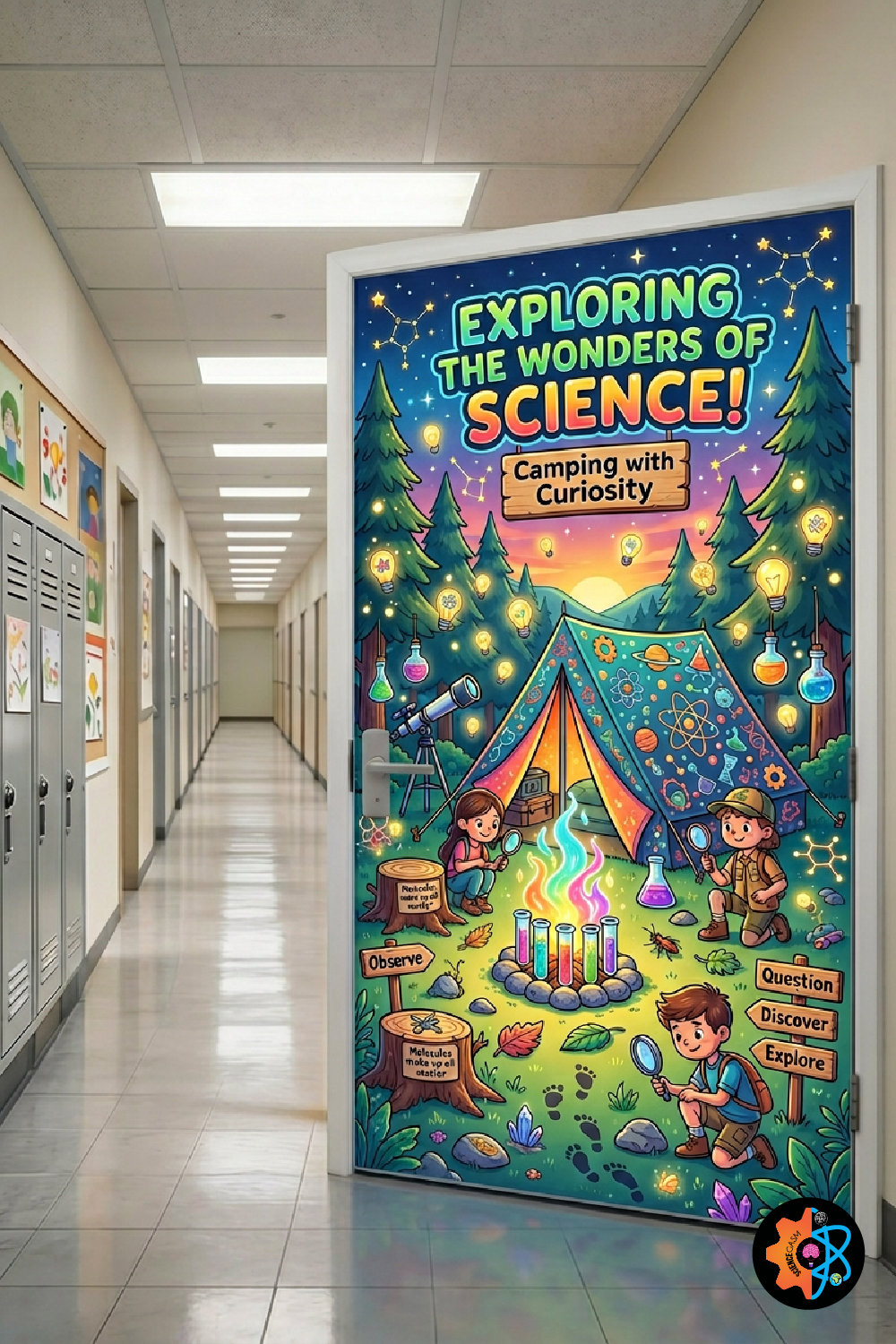 A camping-themed science classroom door decoration showing students looking through a telescope and using magnifying glasses near a colorful campfire under the text Exploring the Wonders of Science.