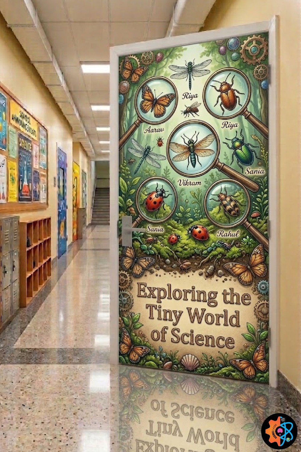 Colorful classroom door decoration featuring insects under magnifying glasses with the text "Exploring the Tiny World of Science" – STEM education school hallway display