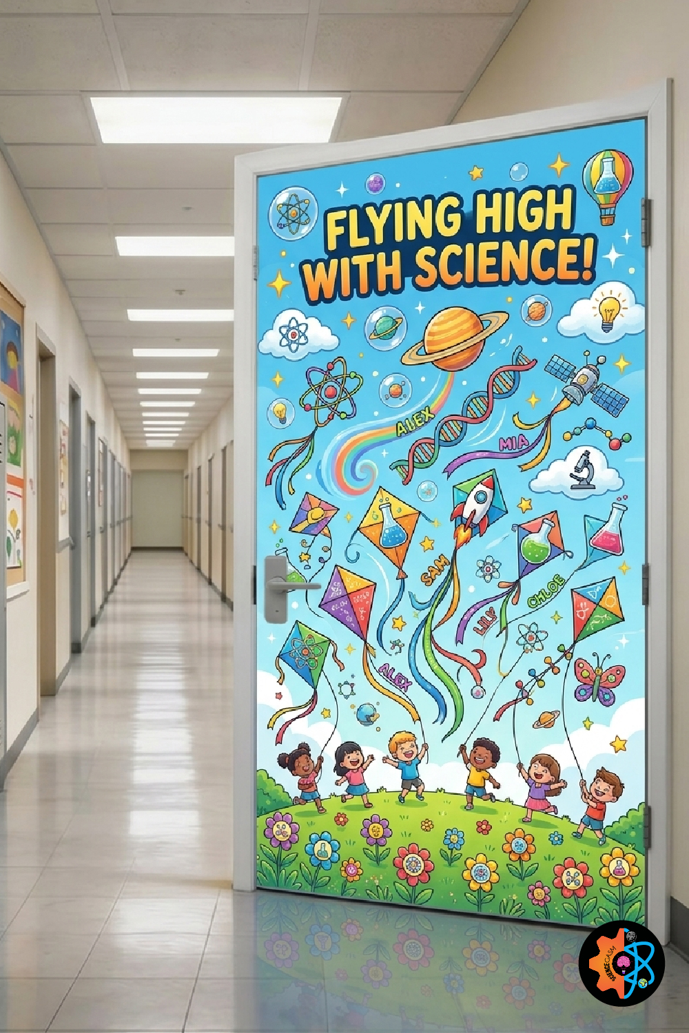 A colorful science classroom door decoration showing diverse elementary school children flying kites shaped like flasks, beakers, and rockets into a sky filled with planets, DNA, and atom symbols under the text Flying High With Science.