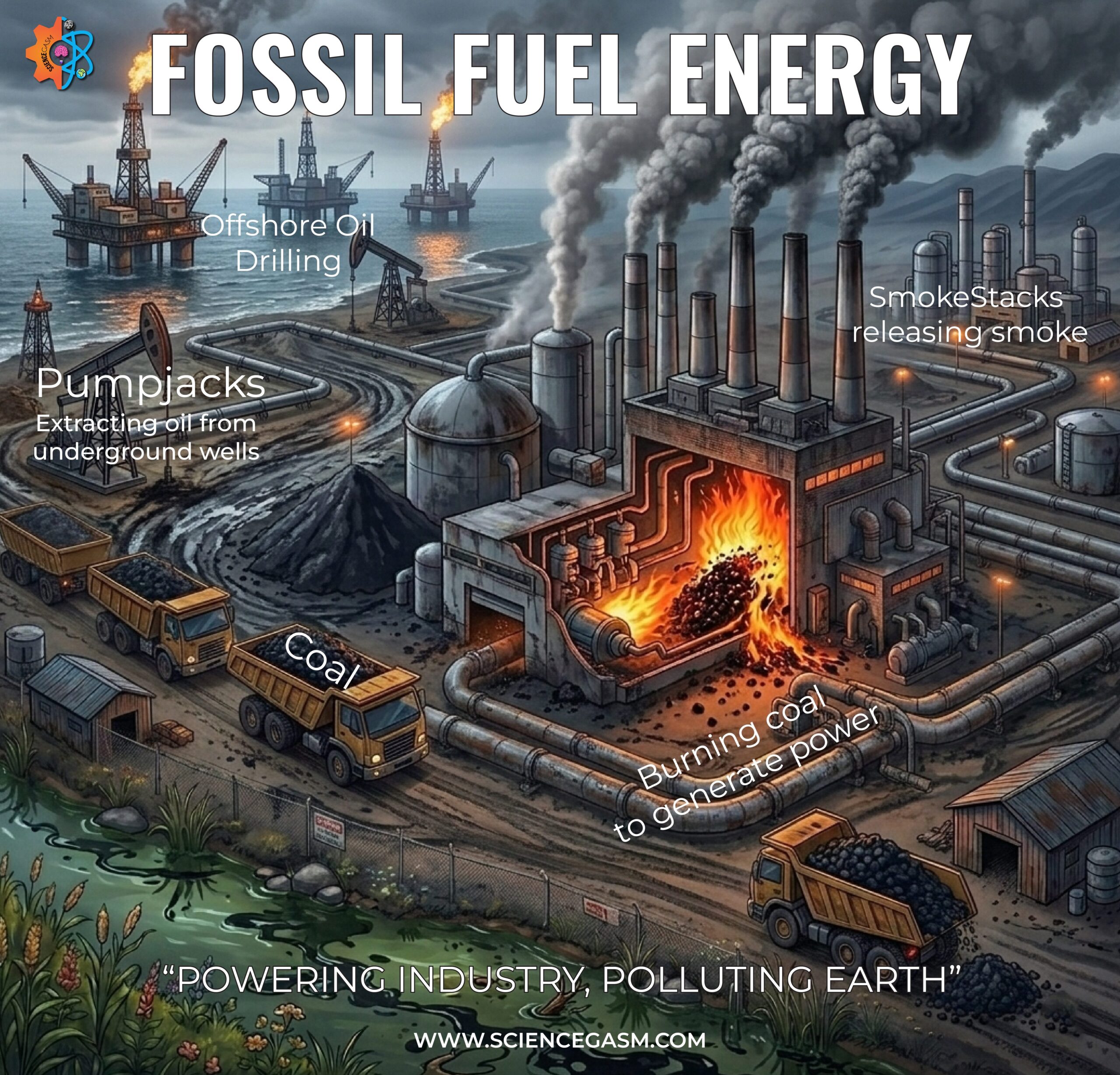 An educational environmental science infographic titled Fossil Fuel Energy showing offshore oil drilling, land pumpjacks, dump trucks hauling coal, and an industrial factory burning coal with smokestacks releasing smoke.