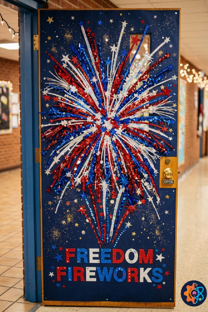 Sparkly fireworks themed July 4th classroom door with red white and blue decorations