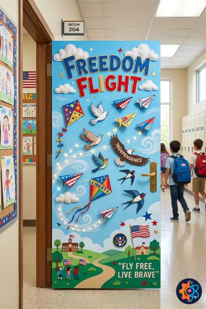 Freedom flight classroom door with kites birds clouds and patriotic sky decorations