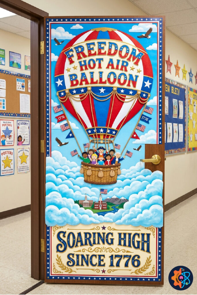 Hot air balloon patriotic classroom door with clouds stars and Independence Day decorations