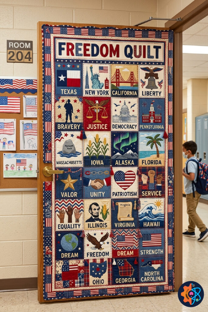 Quilt themed patriotic classroom door with American symbols and state inspired patchwork designs