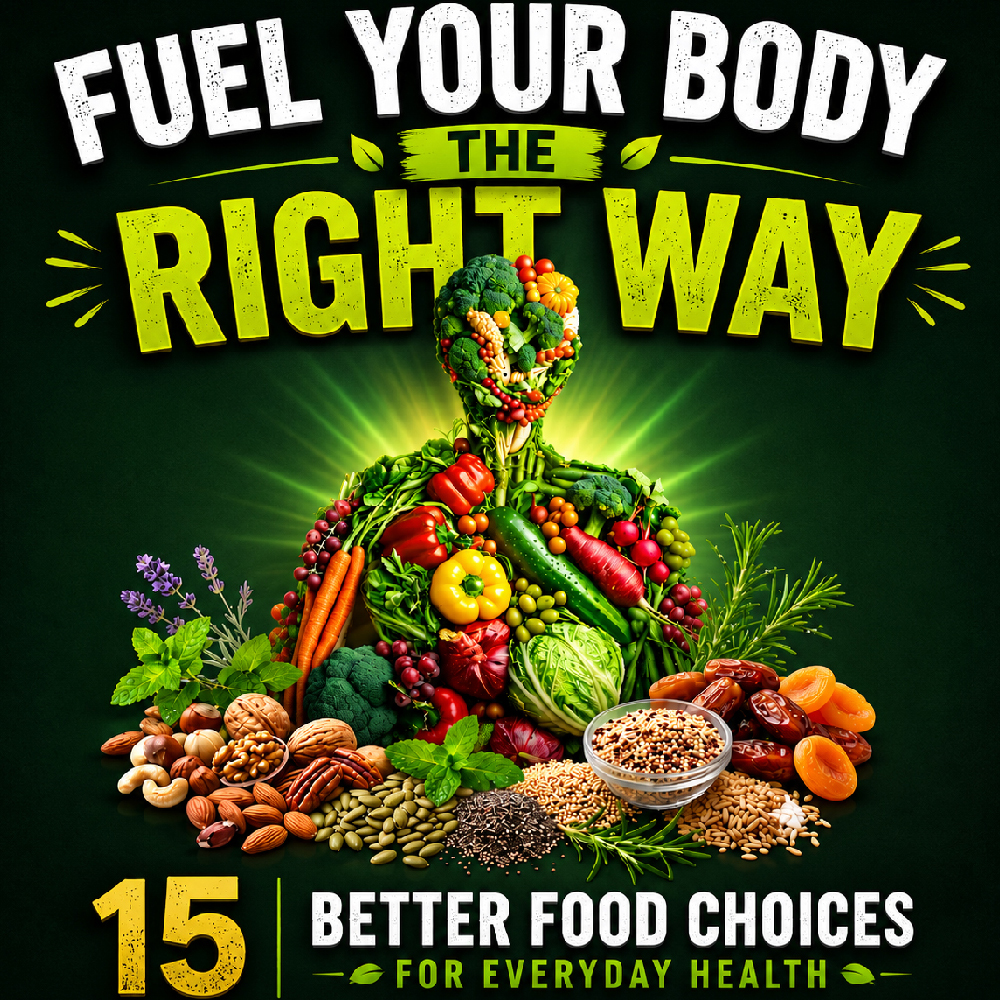Healthy food concept showing human body made of fruits vegetables nuts and seeds with text fuel your body the right way for better nutrition