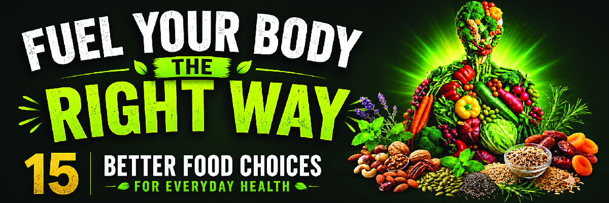 Healthy eating banner showing fruits vegetables nuts and grains forming a human body with text fuel your body the right way better food choices