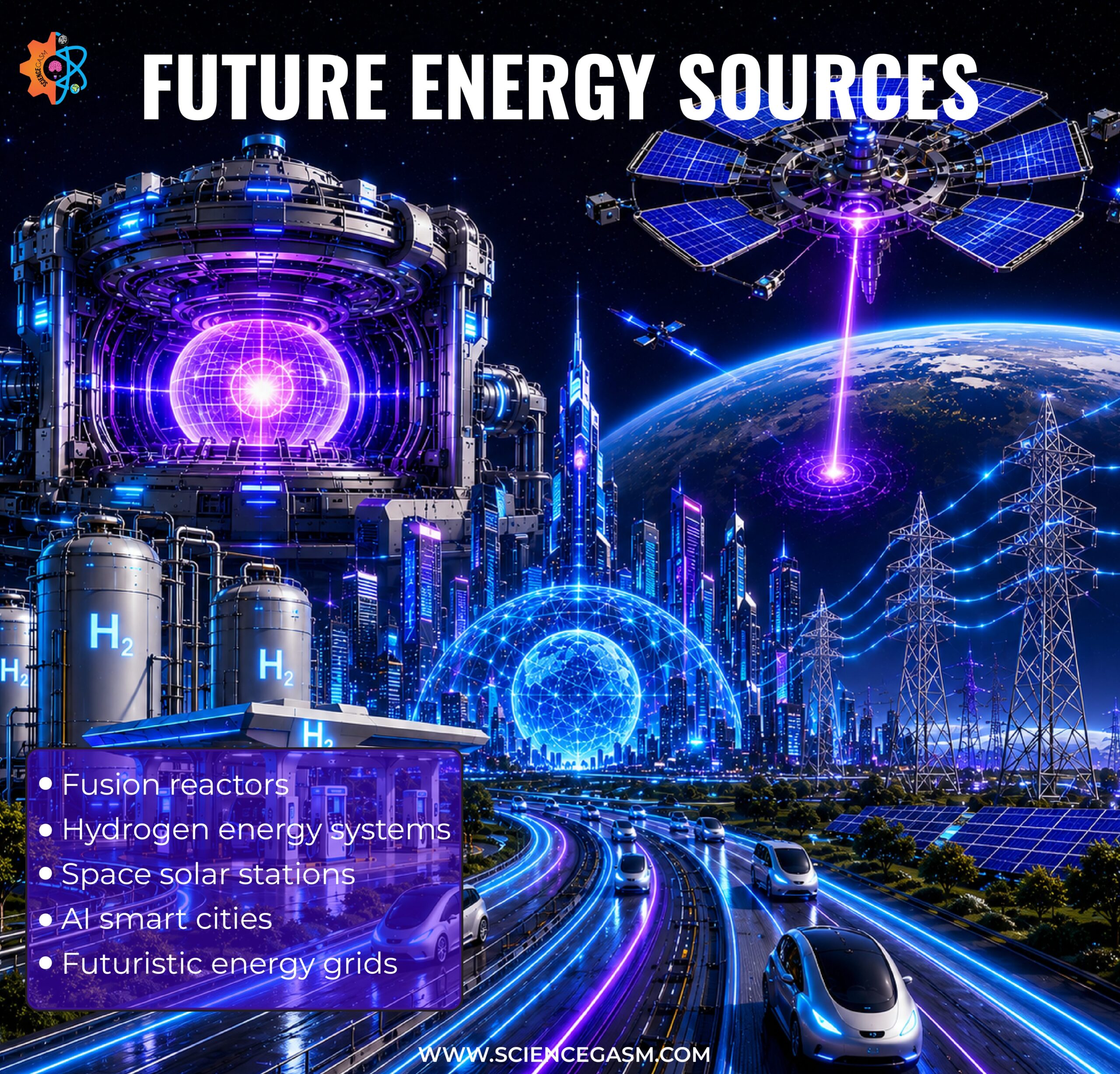 An educational physics infographic titled Future Energy Sources, illustrating a futuristic sci-fi city with bulleted list items for fusion reactors, hydrogen systems, space solar stations, AI smart cities, and advanced energy grids.