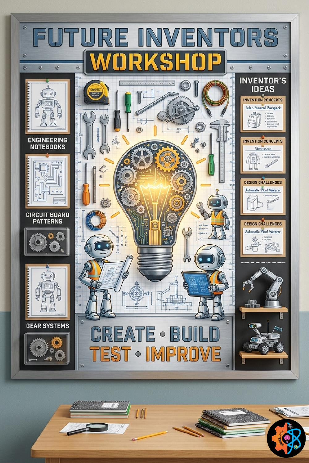 Future Inventors Workshop STEM bulletin board featuring robotics, engineering design, invention ideas, gears, circuit boards, and engineering classroom decorations for students.