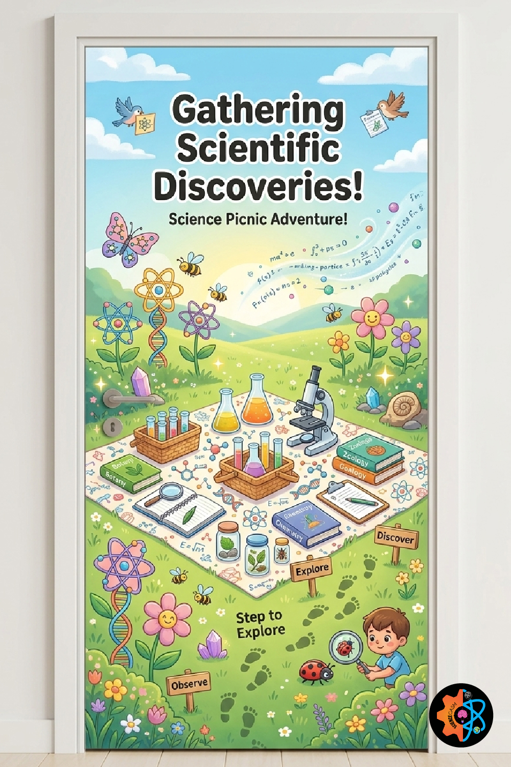 A science picnic-themed classroom door decoration featuring a picnic blanket covered in laboratory equipment, microscopes, and textbooks on a grassy hill under the text Gathering Scientific Discoveries