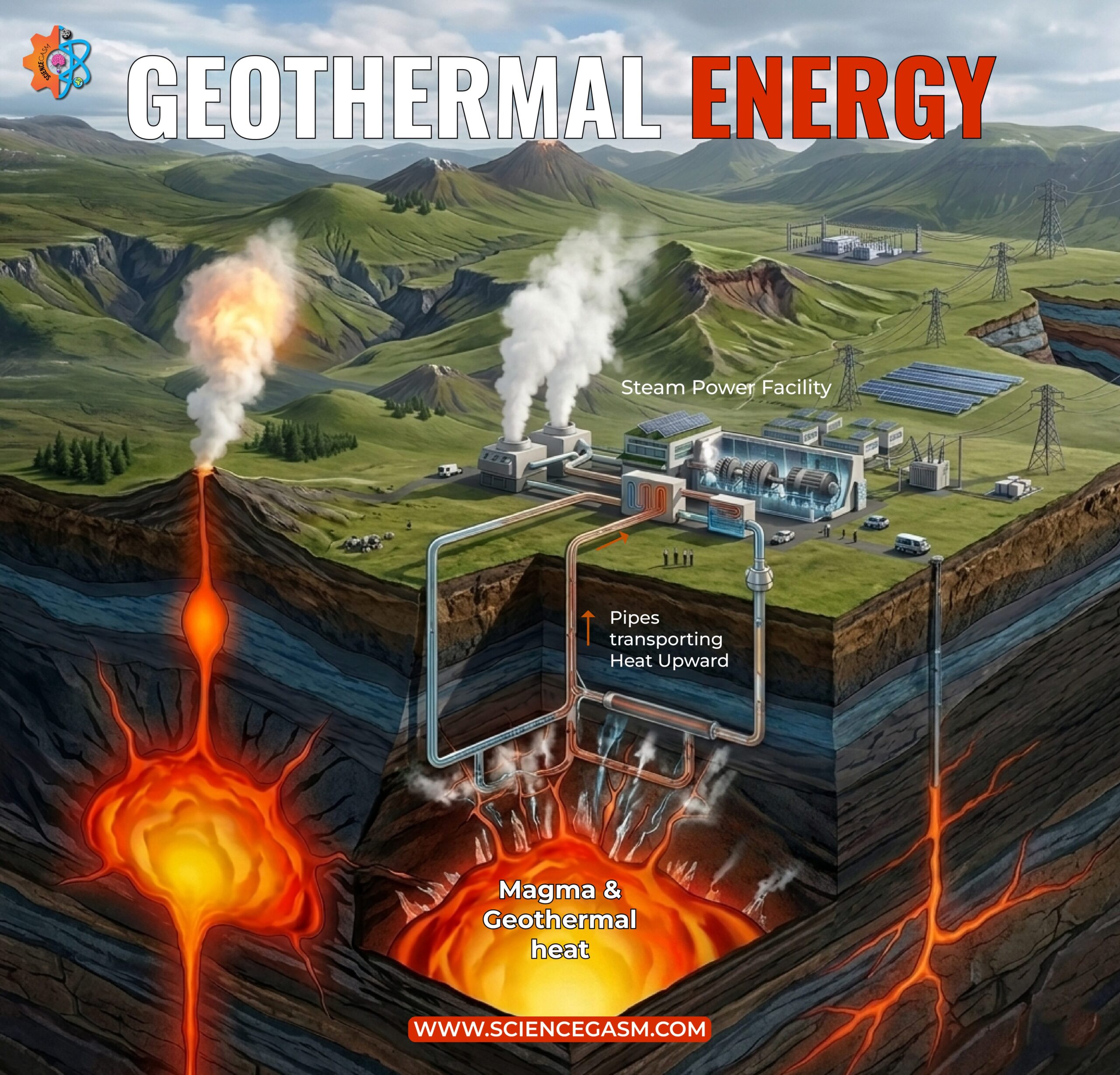 An educational earth science cross-section diagram titled Geothermal Energy, showing underground magma chambers heating water pumped through a steam power facility in a green mountainous valley.