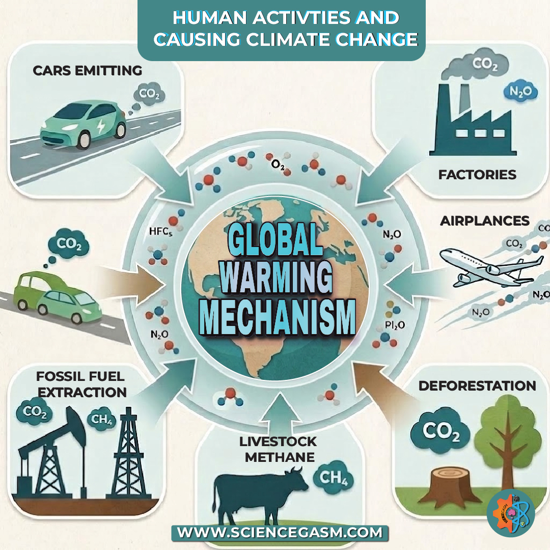 Infographic showing global warming mechanism caused by human activities including cars factories airplanes deforestation fossil fuels and livestock methane emissions