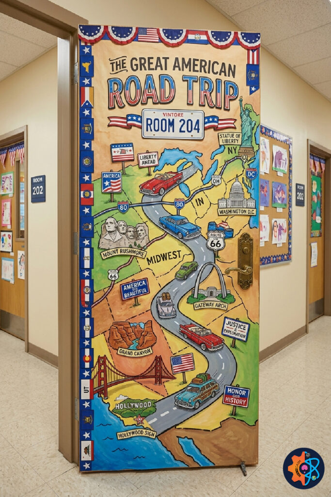 American road trip themed classroom door with map landmarks and patriotic travel decor