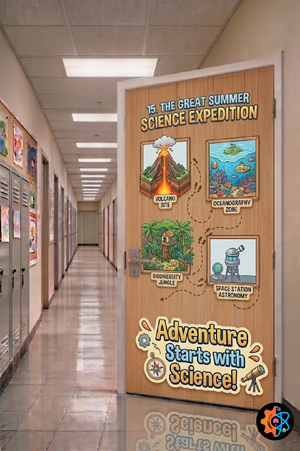 Adventure themed science classroom door decoration showing an expedition map with a volcano, oceanography zone, jungle biodiversity, and space astronomy observatory.