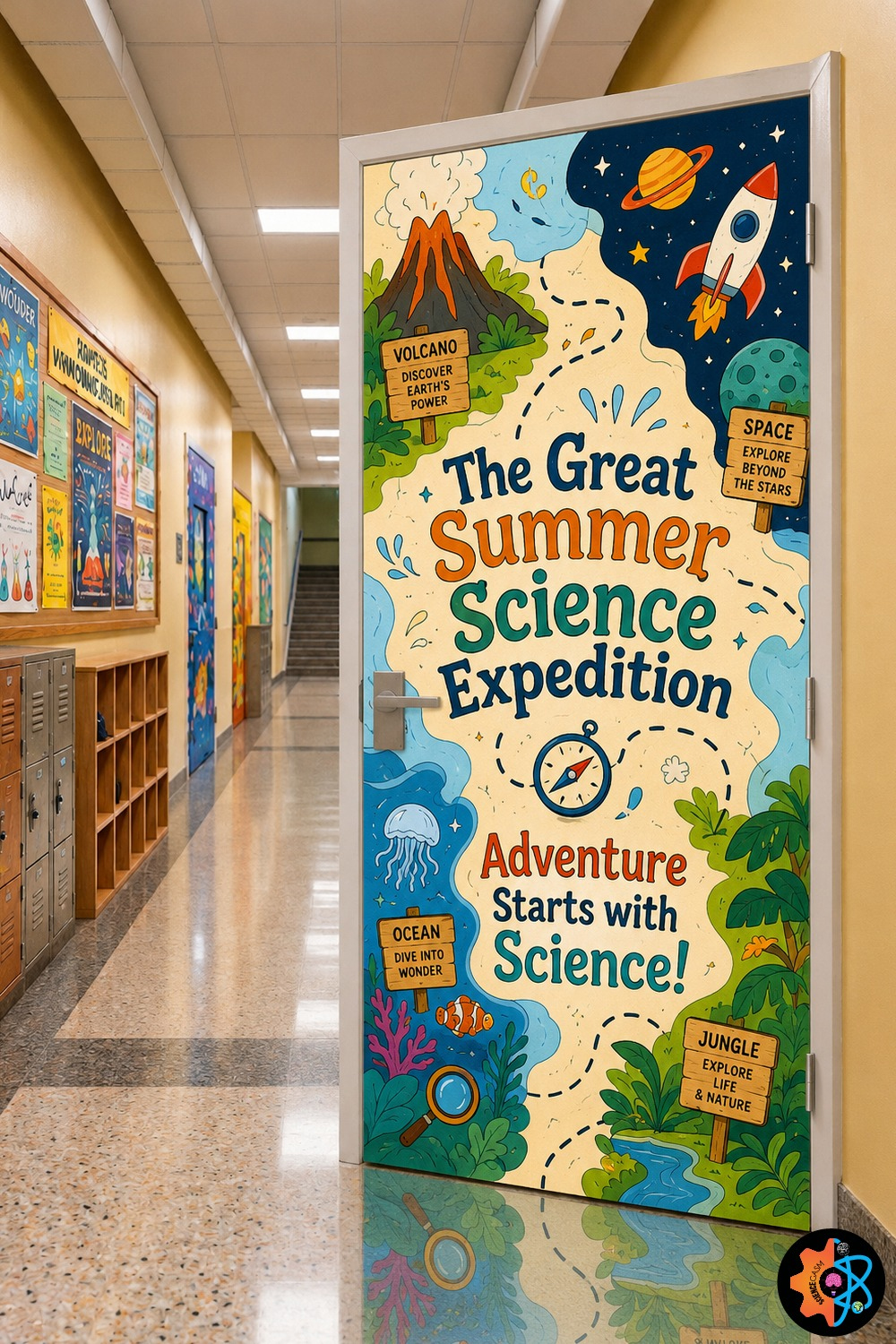 A brightly colored school classroom door decorated with a science theme poster titled The Great Summer Science Expedition featuring illustrations of a volcano space ocean and jungle.