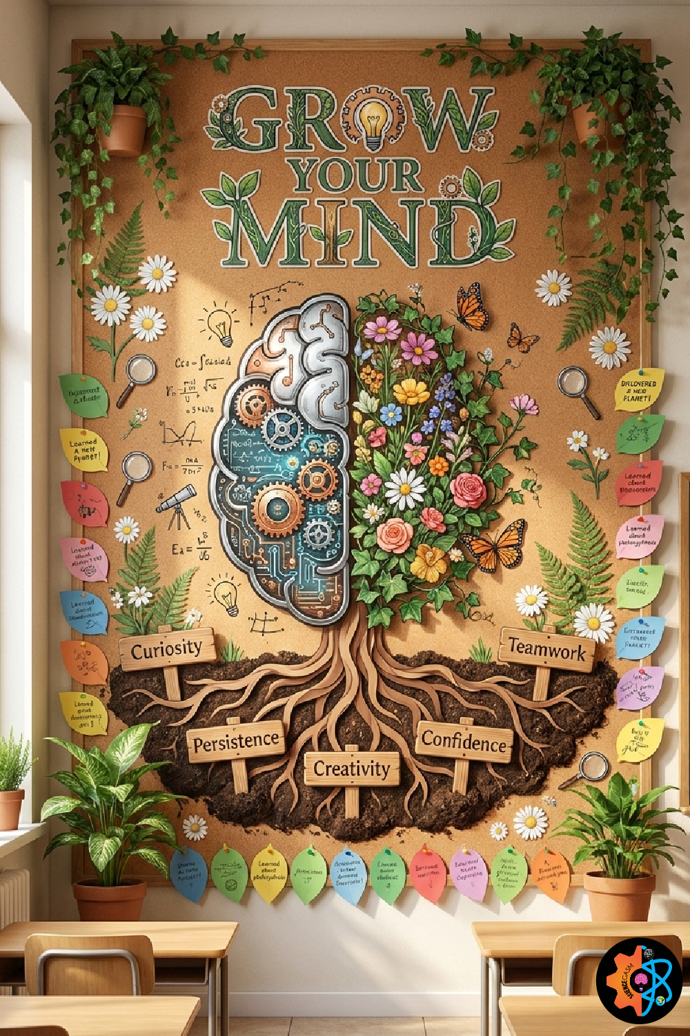 Grow Your Mind classroom bulletin board with a creative brain tree design, STEM education theme, growth mindset messages, science classroom decoration, and interactive learning display for elementary and middle school students.