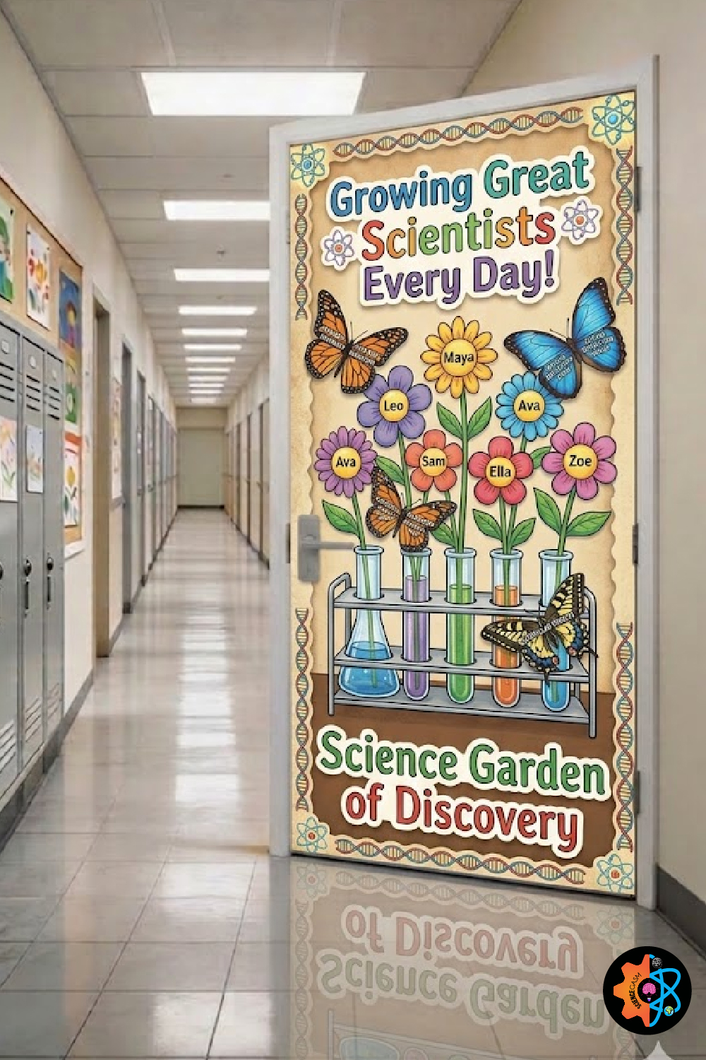 Science garden themed classroom door decoration with colorful flowers growing inside chemistry test tubes alongside Monarch and blue morpho butterflies.