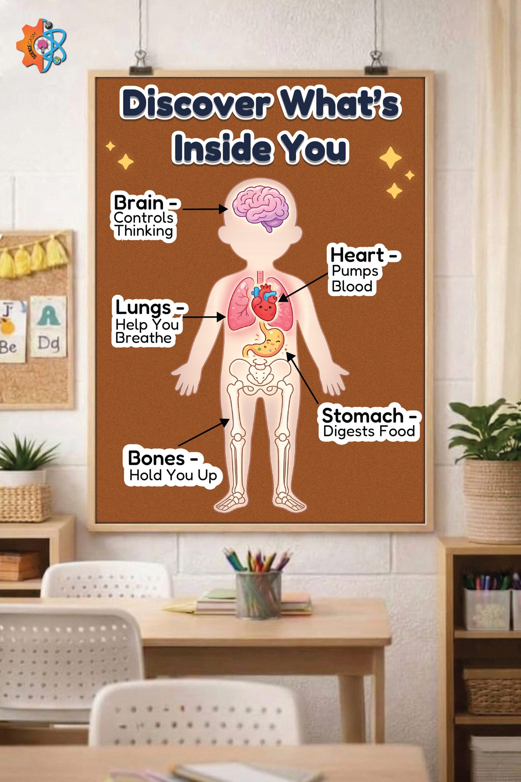 An educational human body anatomy poster titled Discover What's Inside You hanging on a wall in a bright elementary school classroom.