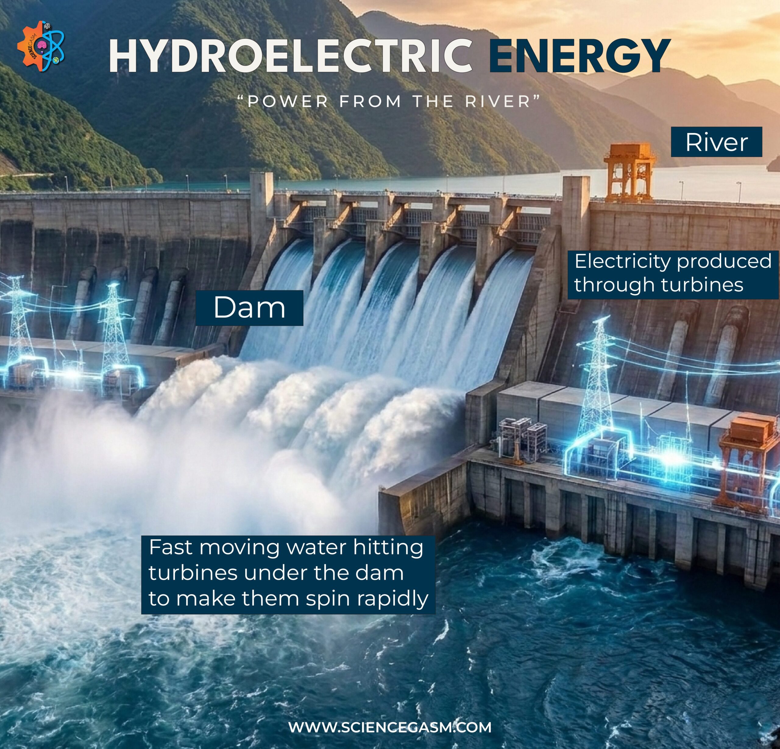 An educational environmental science diagram titled Hydroelectric Energy, showing a large water dam surrounded by green mountains with descriptive labels explaining how rushing water spins turbines to produce electricity.