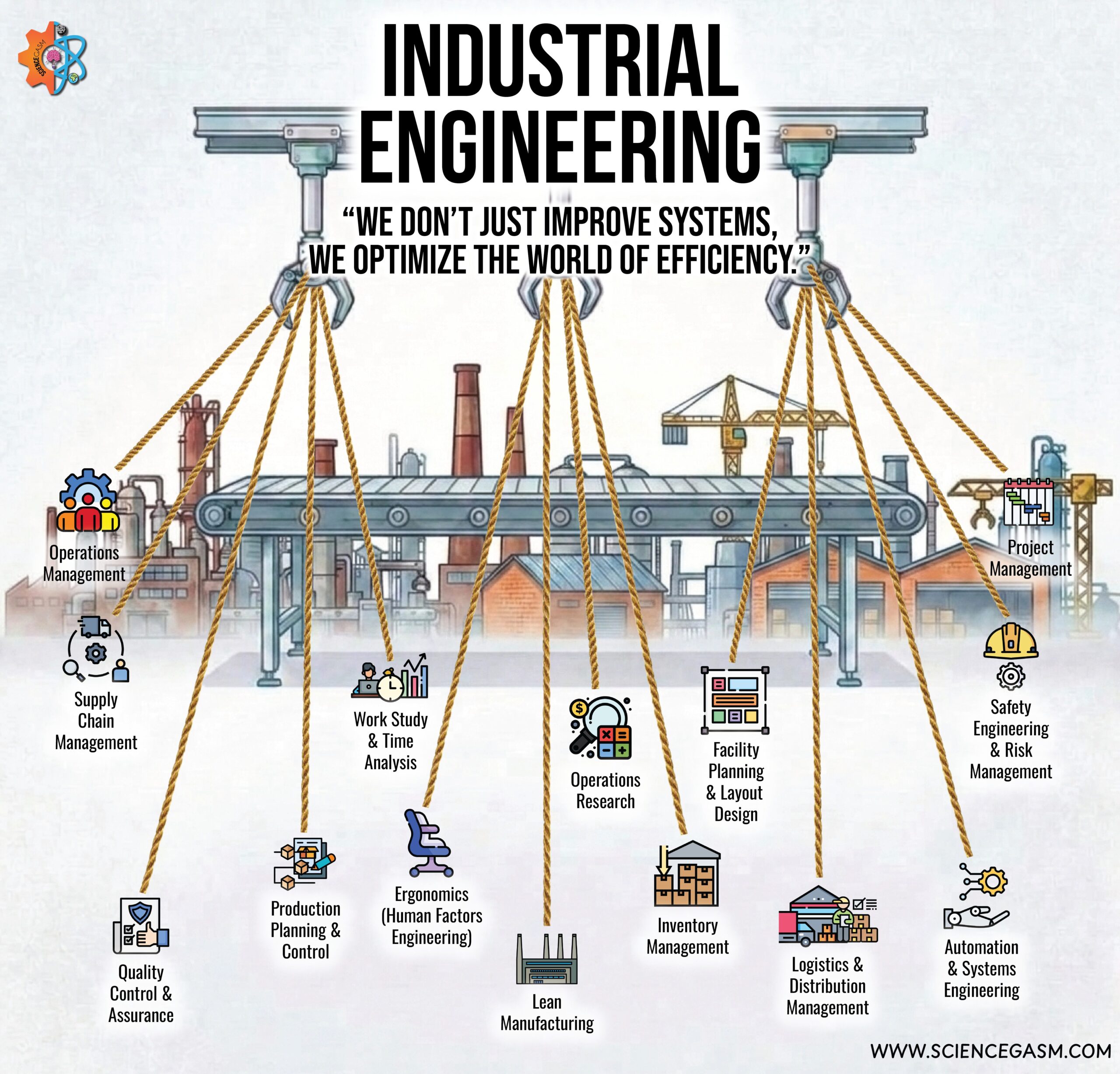 Industrial engineering infographic illustrating key fields including operations management, supply chain management, lean manufacturing, logistics, ergonomics, quality control, project management, automation, and facility planning.