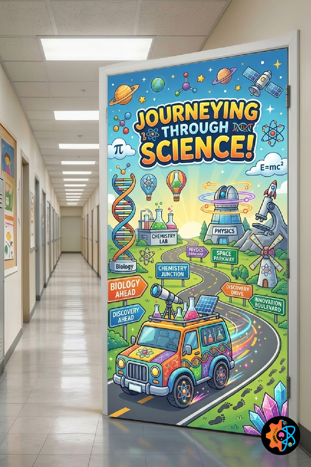 A science-themed classroom door decoration featuring a colorful laboratory truck driving on a winding road past biology, chemistry, physics, and space stations under the headline Journeying Through Science.