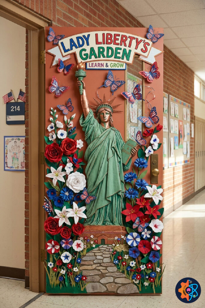 Floral Statue of Liberty classroom door with patriotic butterflies and flowers