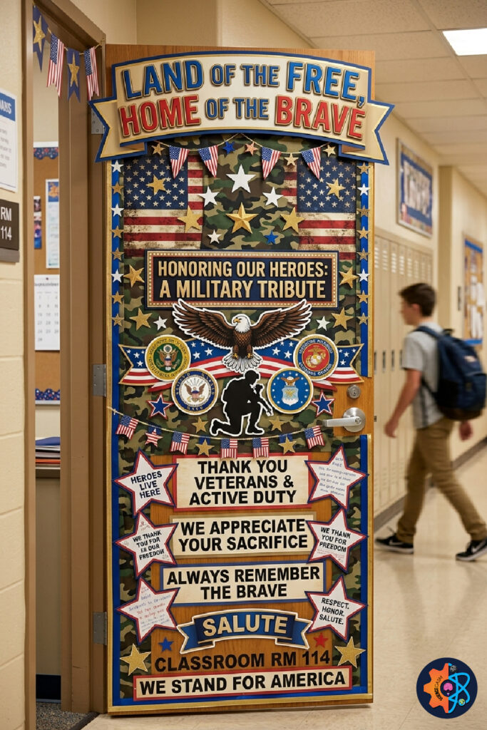 Military tribute classroom door decoration for July 4th honoring veterans and active duty heroes