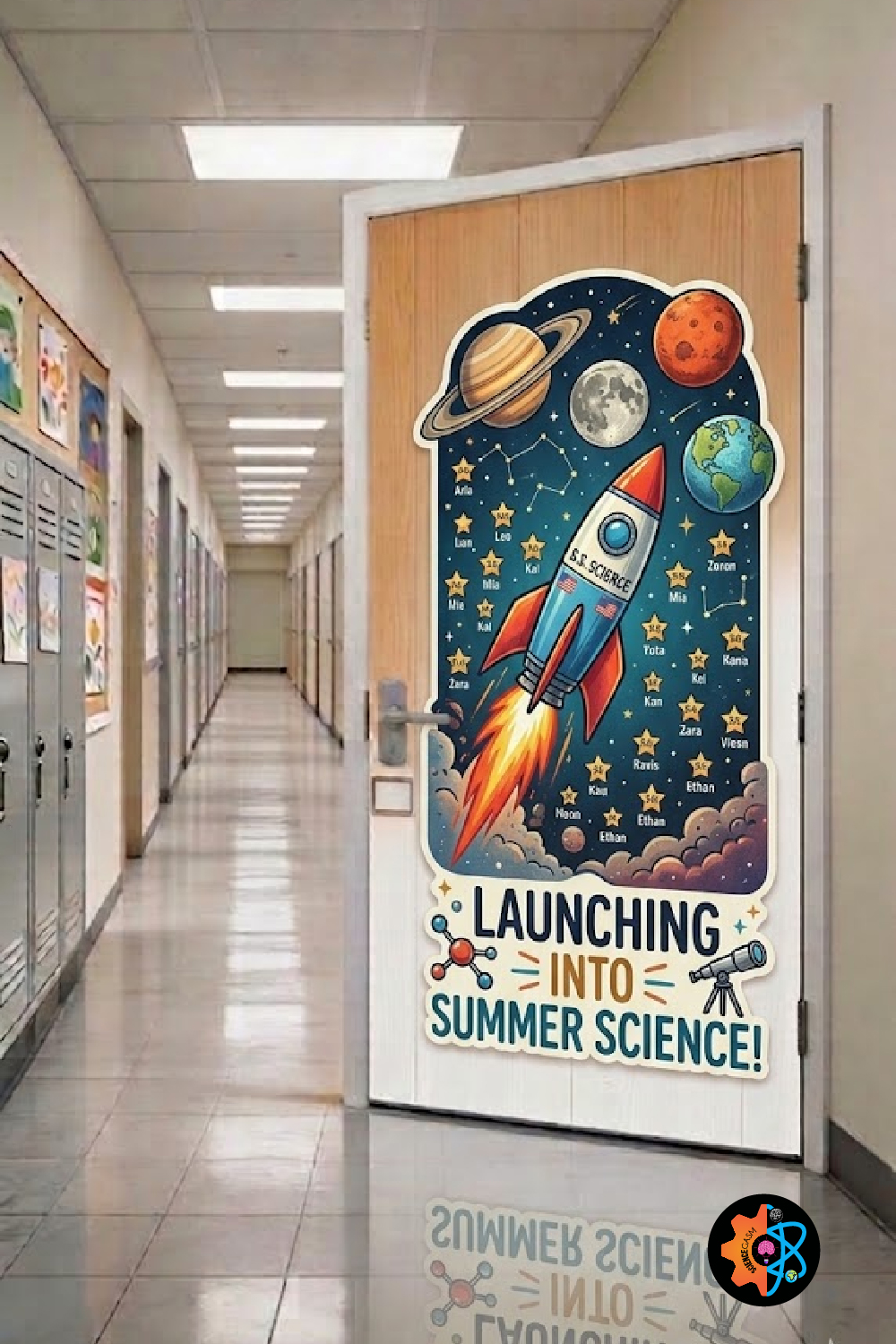 Space themed classroom door decoration with a rocket ship blasting off among planets and stars featuring student names.