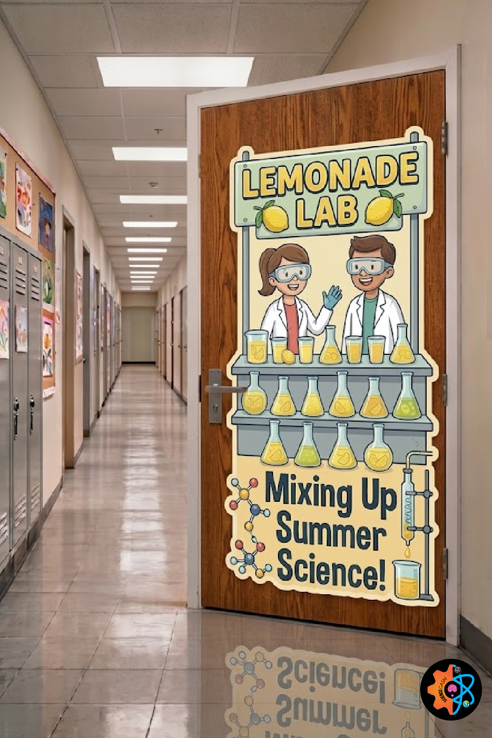 Lemonade Lab classroom door decoration with illustrations of two young student scientists behind a stand filled with yellow chemistry flasks.