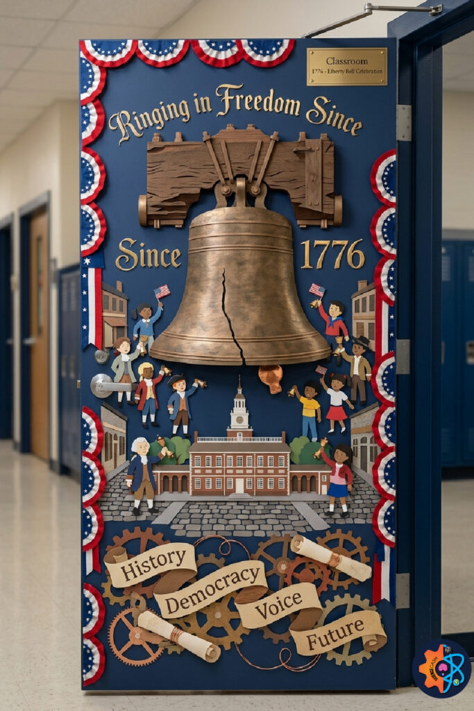 Liberty Bell themed classroom door decoration celebrating American independence and democracy