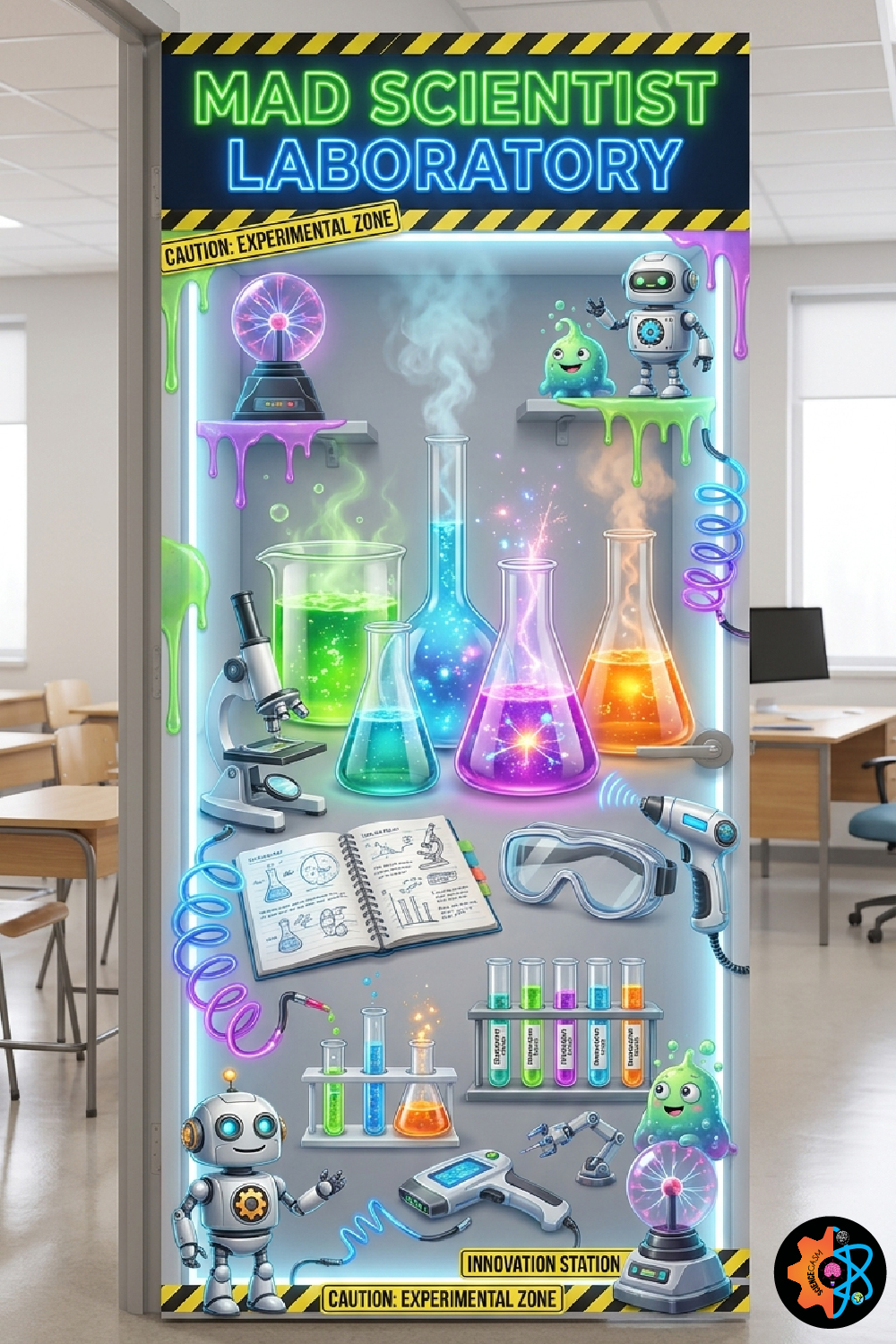 Mad Scientist Laboratory classroom door decoration featuring colorful science experiments, chemistry flasks, microscope, test tubes, robot, laboratory equipment, and STEM classroom decor.