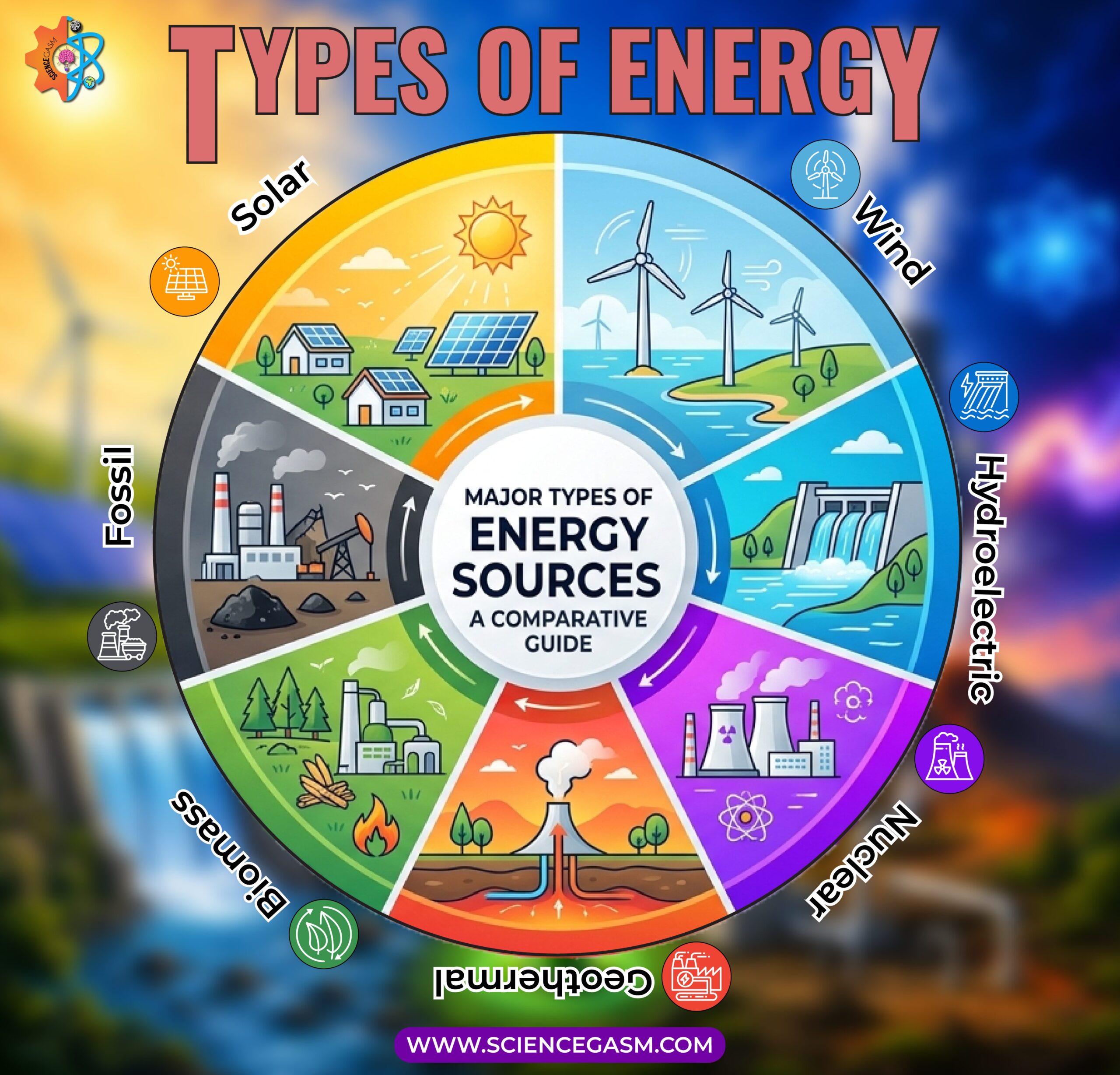An educational physics wheel chart titled Types of Energy, showcasing different major sources including solar panels, wind turbines, a hydroelectric dam, nuclear cooling towers, geothermal volcano vents, biomass processing, and fossil fuel factories.