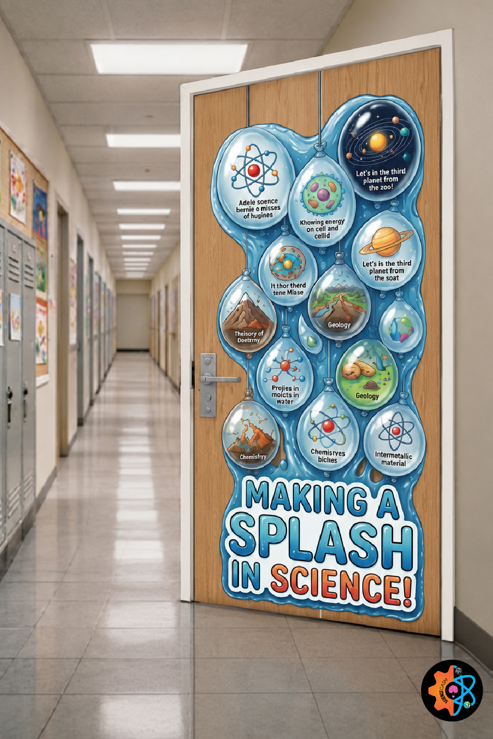 Water themed science classroom door decoration featuring large glossy water droplets containing various scientific illustrations like space, chemistry, and geology.