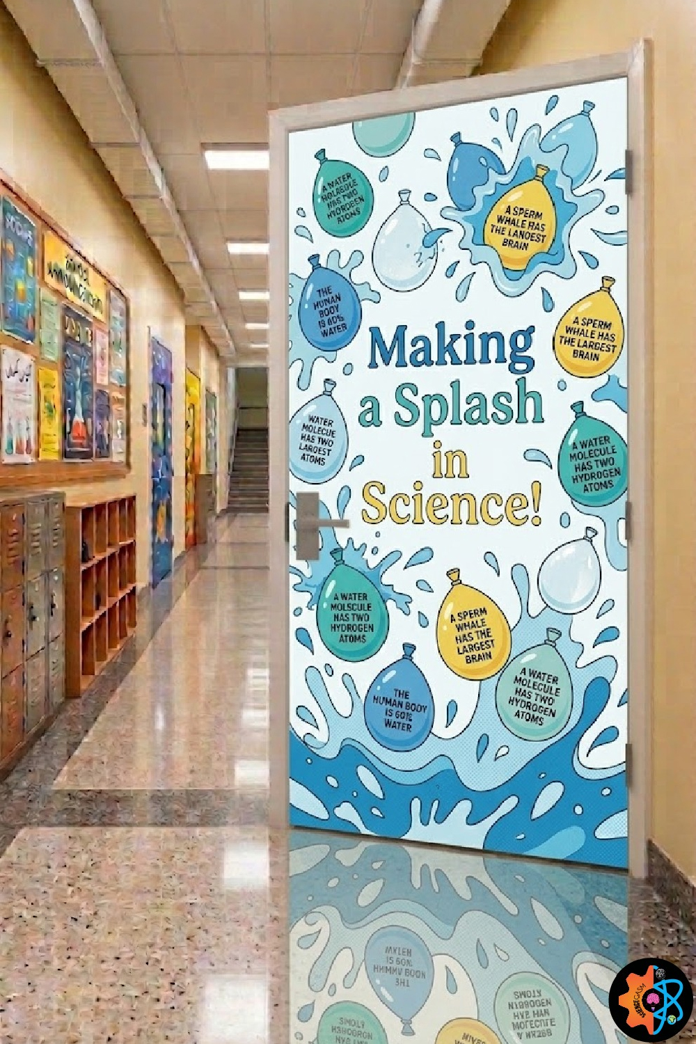 Water-themed science classroom door decoration featuring splash graphics, science facts, water balloons, and the phrase “Making a Splash in Science” in a school hallway.