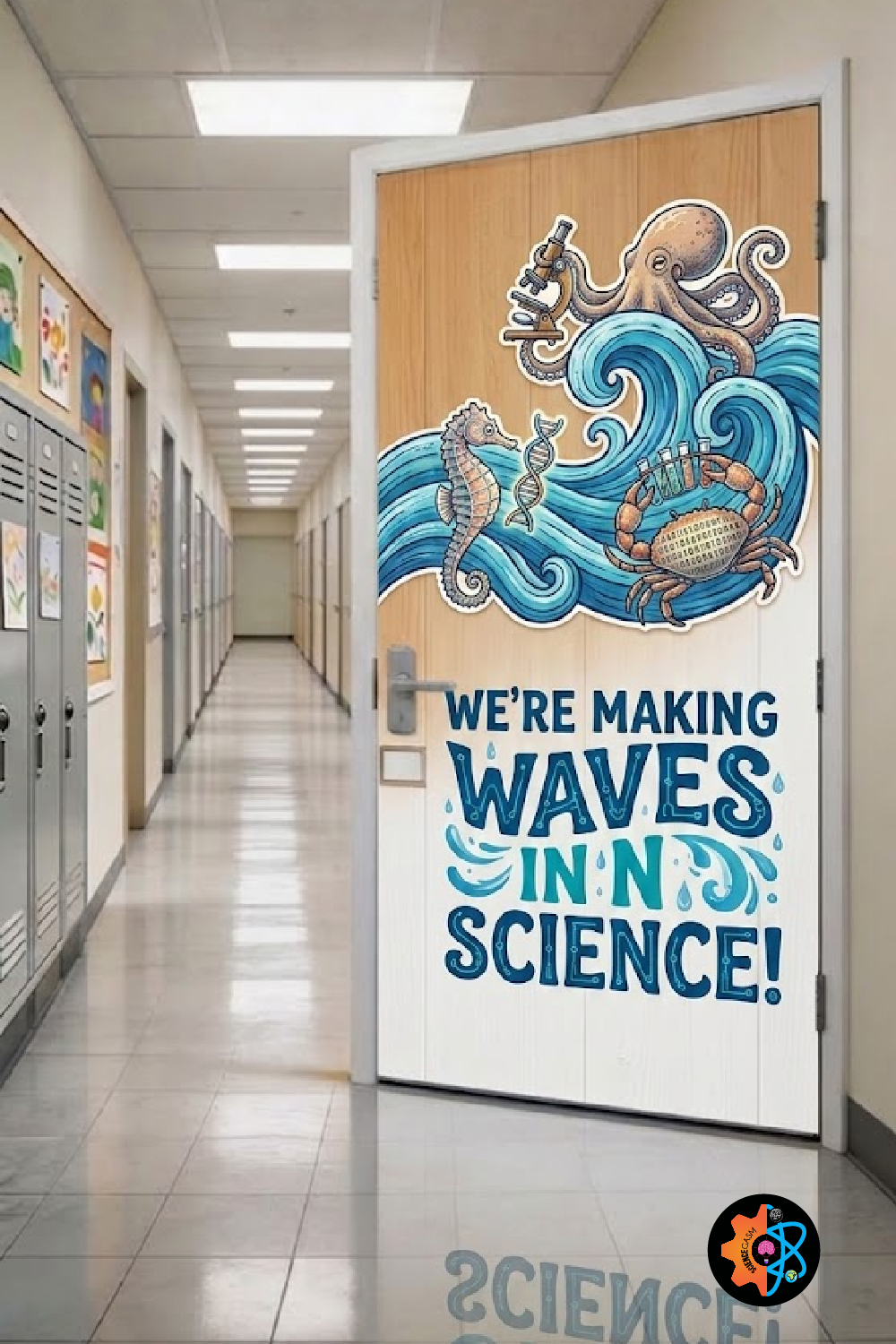 Ocean-themed science classroom door decoration featuring waves, an octopus with a microscope, a seahorse, DNA strand, crab, and the phrase “We’re Making Waves in Science” in a school hallway.