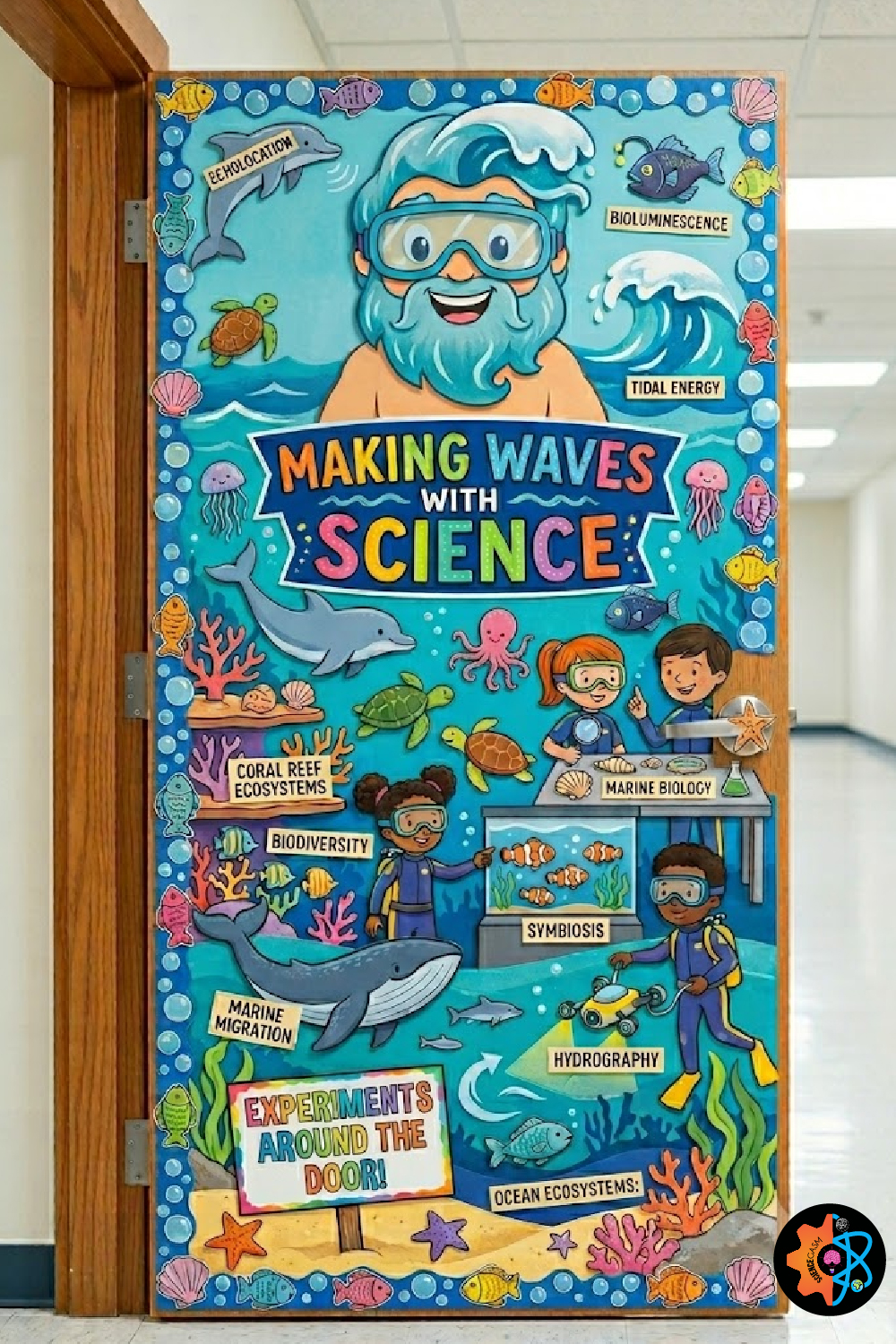 Ocean themed marine biology classroom door decoration featuring students exploring sea life with a cartoon Poseidon character wearing swim goggles.