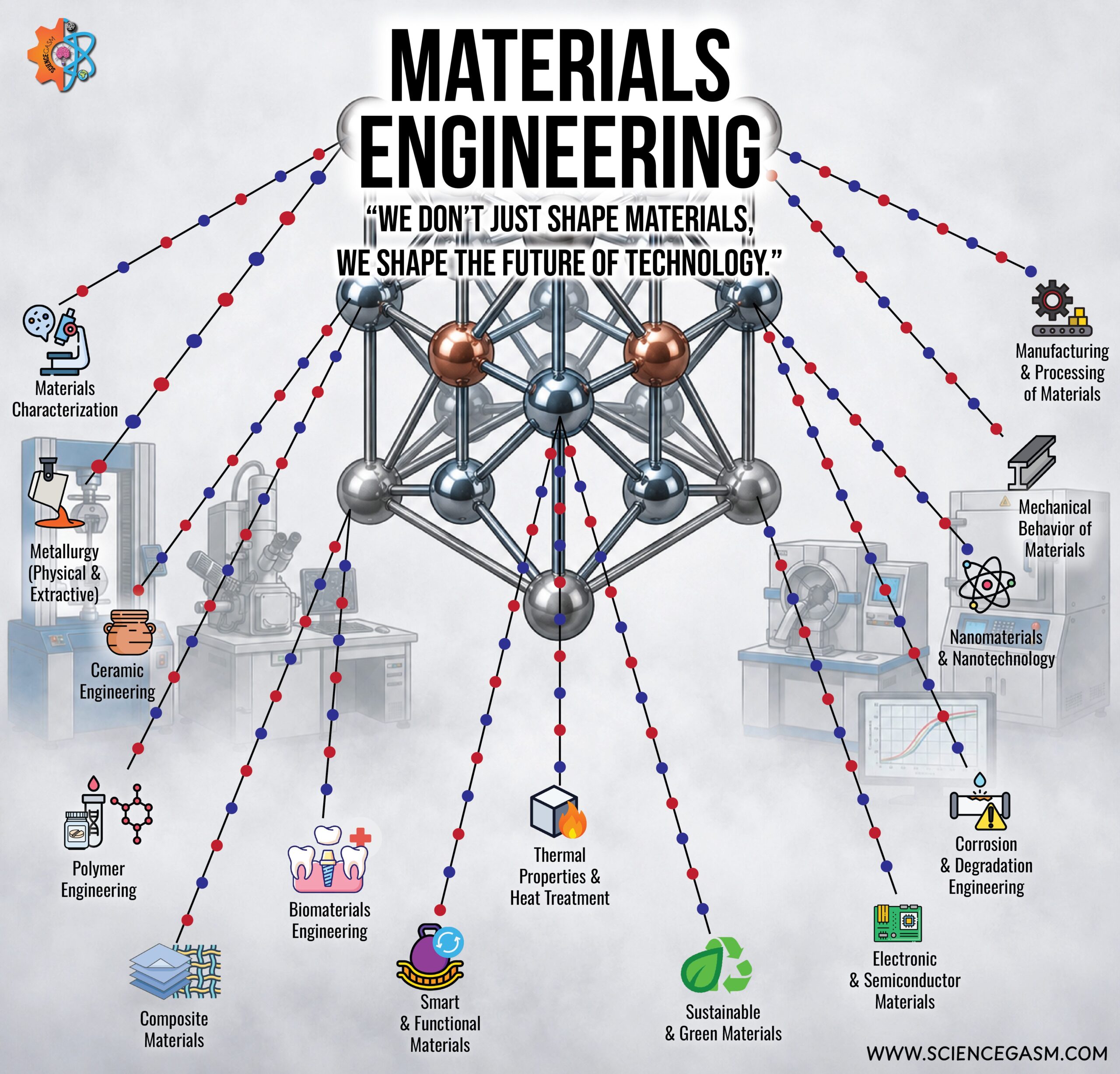 Materials Engineering infographic showing major materials engineering fields including nanotechnology, biomaterials, polymer engineering, composite materials, metallurgy, ceramics, semiconductor materials, corrosion engineering, sustainable materials, and materials characterization.
