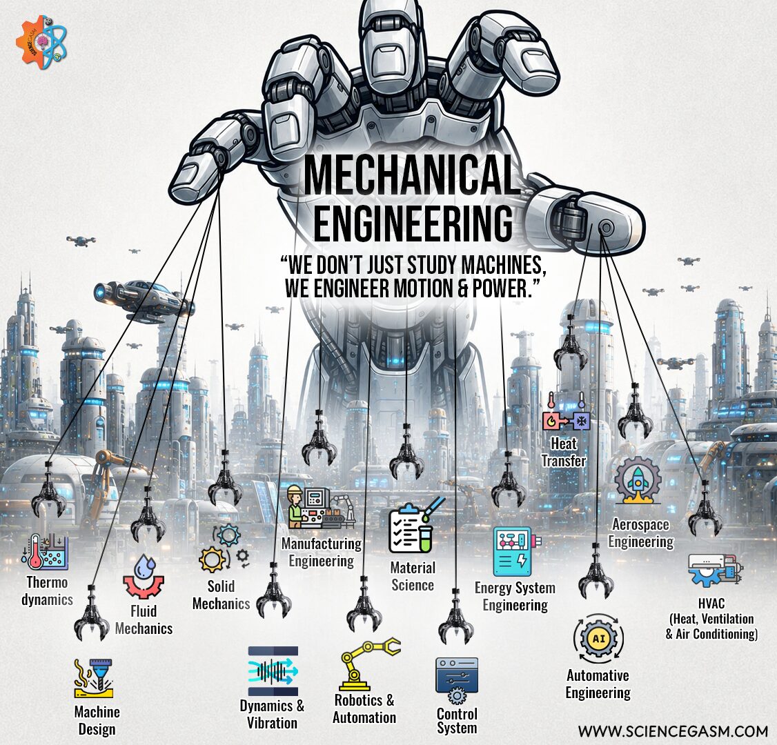 Mechanical engineering infographic showing fields like thermodynamics fluid mechanics robotics automation HVAC aerospace and manufacturing engineering