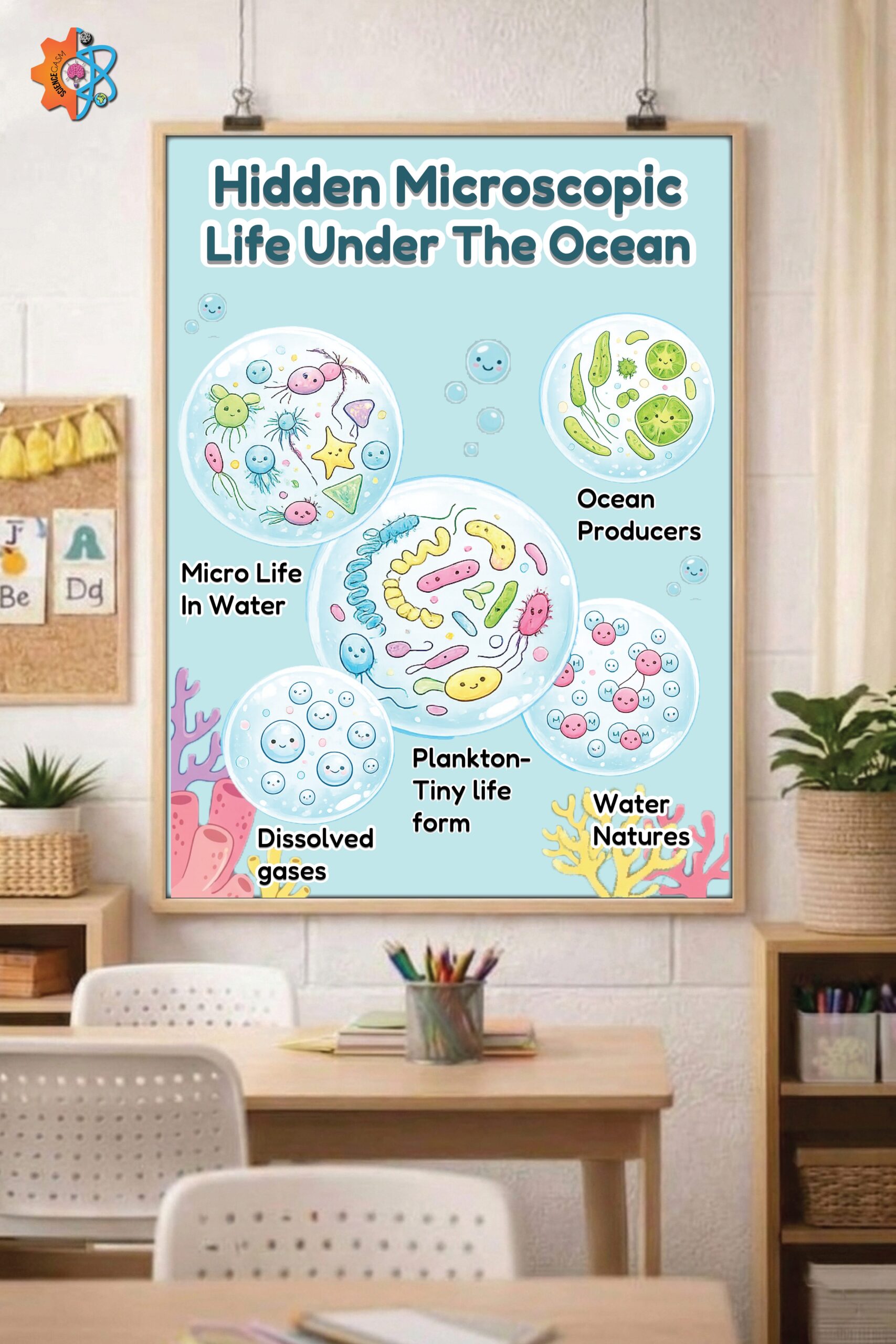 An marine biology educational poster titled Hidden Microscopic Life Under The Ocean hanging on an elementary school classroom wall.