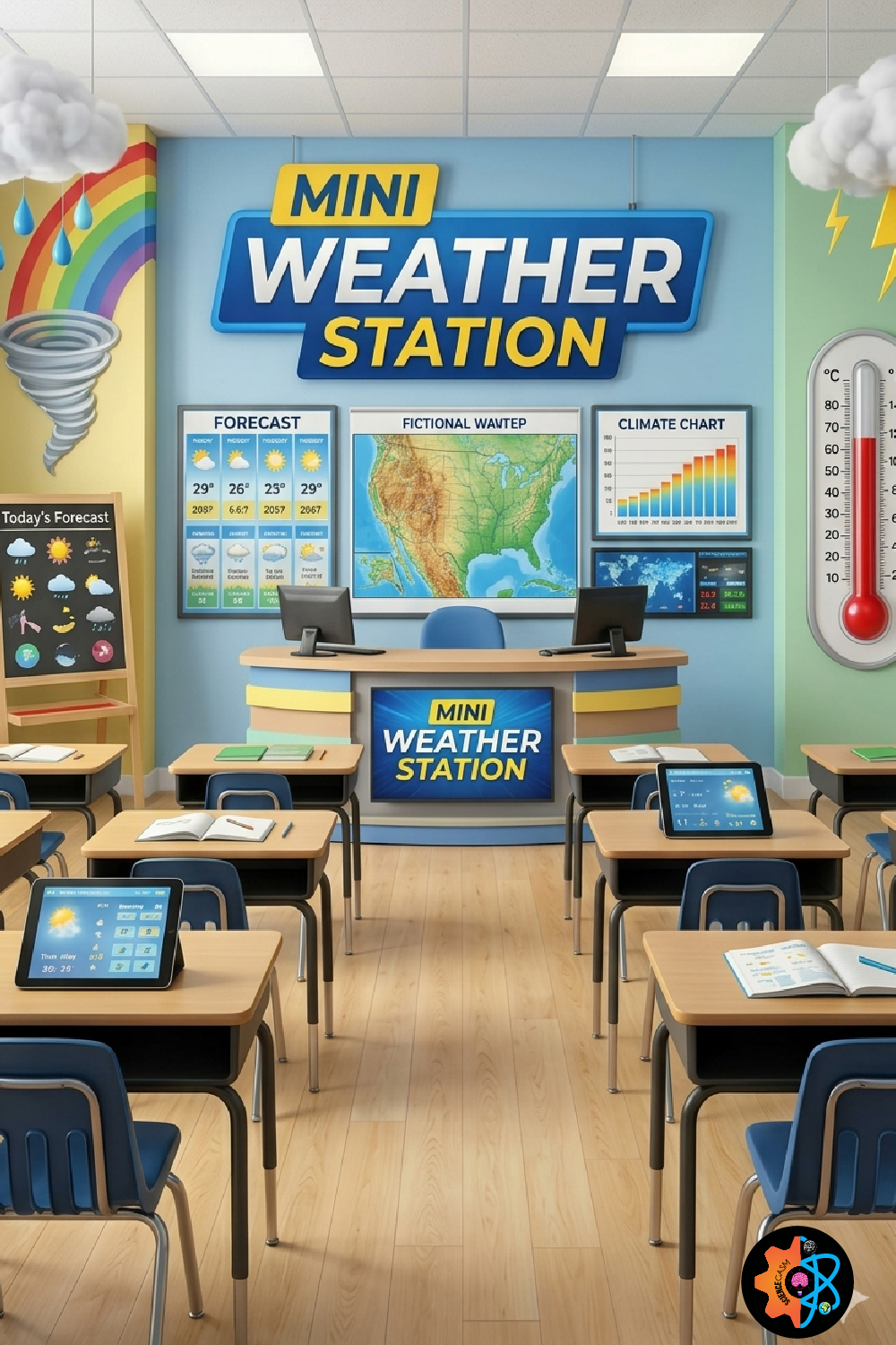 Mini Weather Station classroom bulletin board featuring weather forecast charts, climate graphs, meteorology maps, thermometer, and interactive science classroom decorations for elementary students.