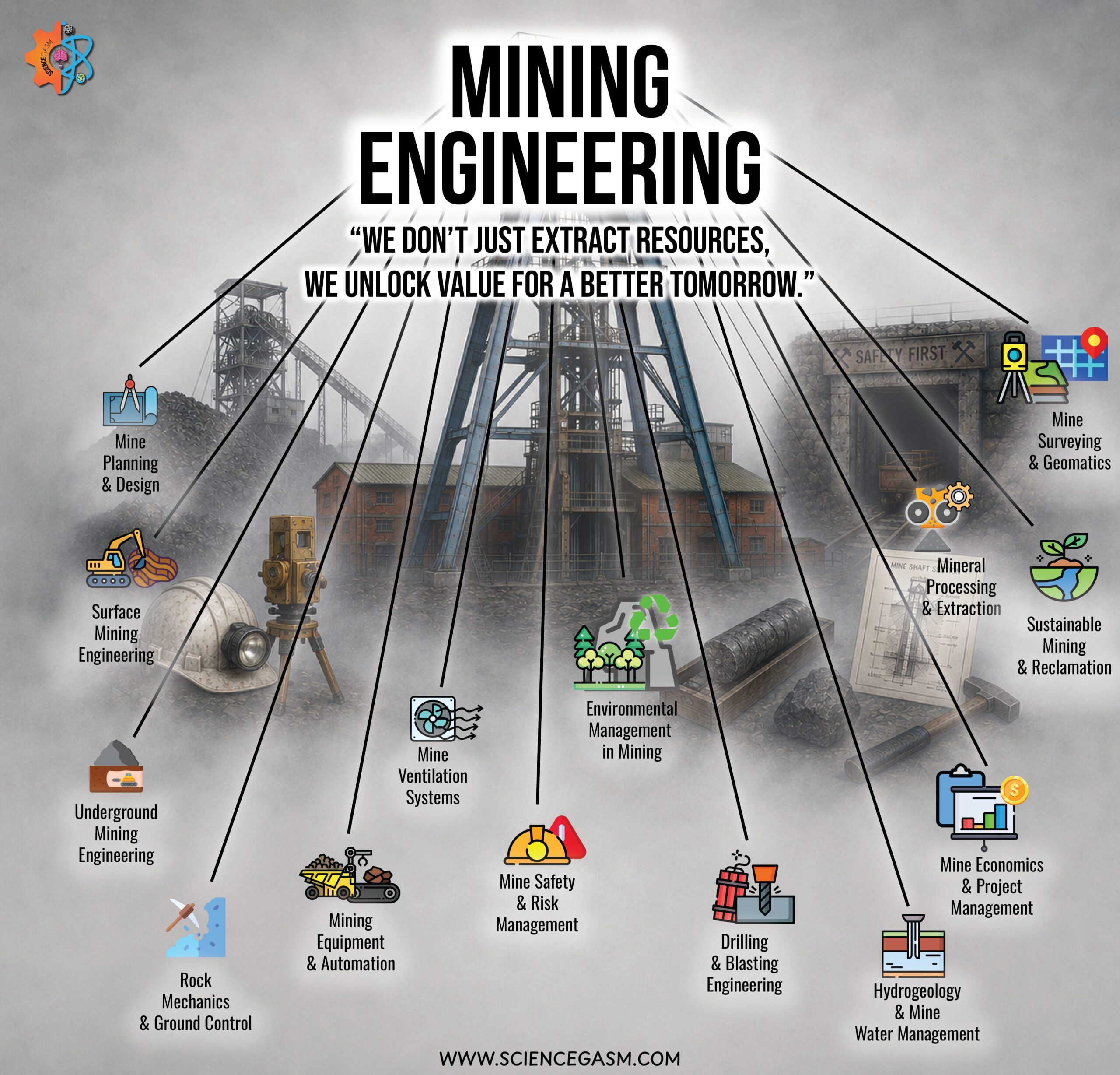 An educational earth science infographic titled Mining Engineering featuring a large industrial mining headframe structure connected to core subfields like rock mechanics, mine safety, and sustainable mining.