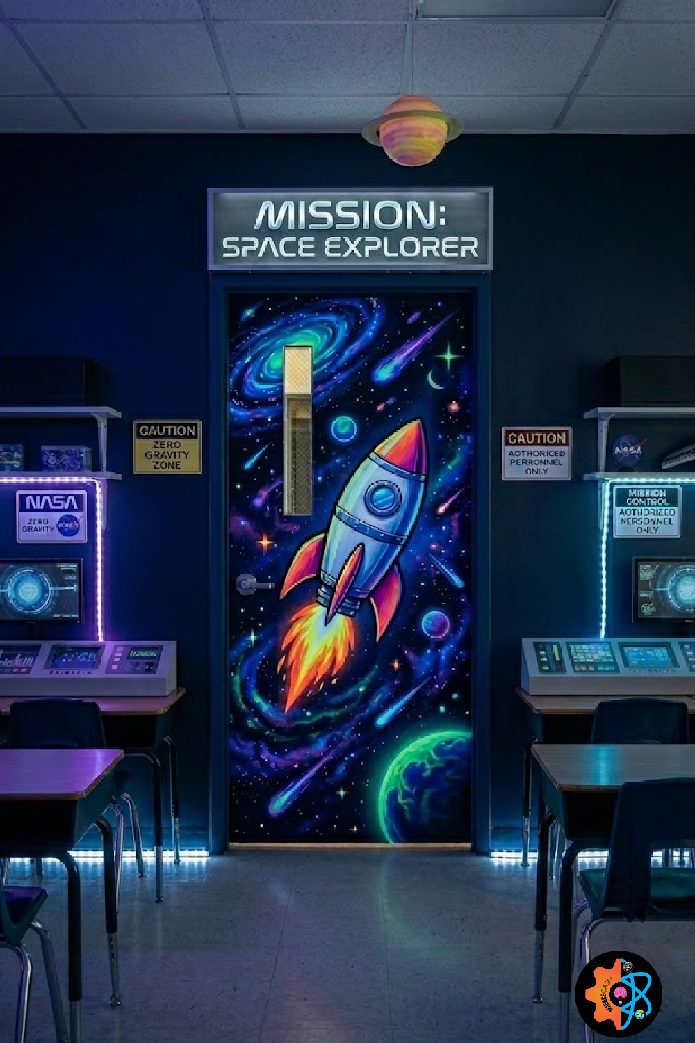 Mission Space Explorer classroom door decoration featuring a colorful rocket, galaxy background, planets, NASA-inspired STEM classroom decor, and outer space classroom theme.