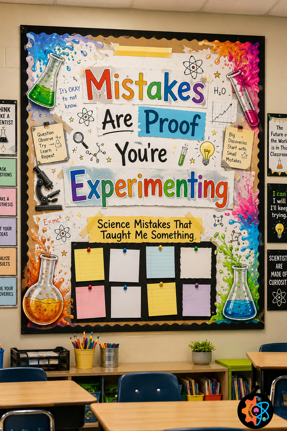 Colorful science classroom bulletin board with quote “Mistakes are proof you’re experimenting” featuring lab equipment, notes, and STEM decorations
